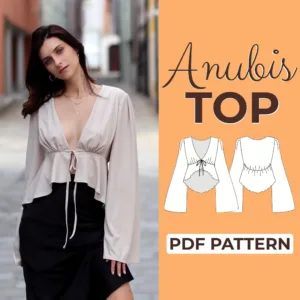 model wearing a Front Tie Blouse made from a Sewing Pattern you could also say peplum top to it