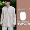 men wearing a beige tunic top and on the left side is drawing of a tunic shirt and it says Tunic men pdf sewing pattern