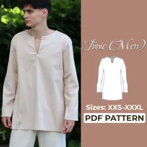 men wearing a beige tunic top and on the left side is drawing of a tunic shirt and it says Tunic men pdf sewing pattern