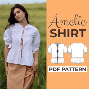 Model wearing a peasant shirt made from a sewing pattern