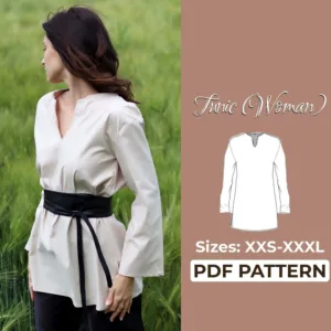 Women in nature wearing a medieval tunic top and on the left side of the picture is written Tunic Women pdf pattern