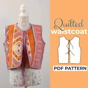 mannequin wearing a quilted patchwork vest made from a sewing pattern and on the left side is the text Quilted waistcoat pdf pattern