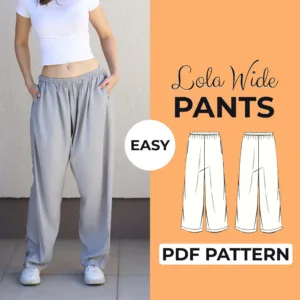 Text with Wide Pants PDF Pattern and a pictures of grey flare pants