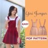 Women wearing a red Pinafore Dress made from a Sewing Pattern and on the left side it says Yeri Jumper PDF Pattern Easy