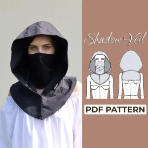 model wearing a black cowl neck hood made from a pdf pattern.