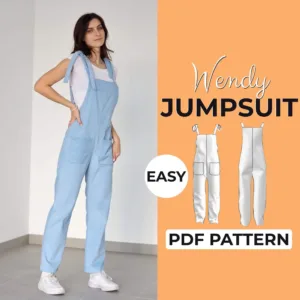 Girl wearing a blue dungaree made from a sewing pattern and on the left side it says Jumpsuit pdf pattern