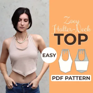 model wearing a crop top and on the left side is the text halter neck top pdf pattern