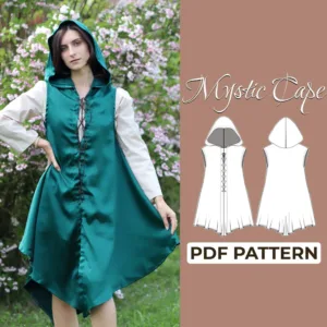 model wearing a satin green hooded cloak dress pattern made from a sewing pattern