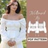 Model in nature wearing a white off shoulder Milkmaid top. on the right side is a drawing of the milkmaid top and it shows that this milkmaid top is a sewing pattern