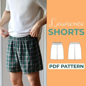 model wearing a green boxer short pattern with a white shirt. on the left side is written Men shorts pdf pattern