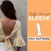 Model wearing a wrap top and on the left side it says Straight Ruffle Sleeves Sewing Pattern