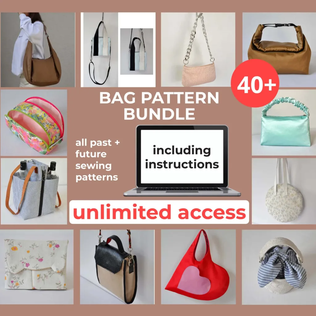 Bag Pattern Bundle with all Patterns from BagPatternStudio. It includes tote bags, hobo bags, bucket bags, makeup bags, pencil cases and many more things