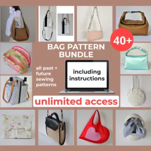 Bag Pattern Bundle with all Patterns from BagPatternStudio. It includes tote bags, hobo bags, bucket bags, makeup bags, pencil cases and many more things