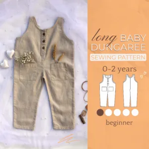 On the left side you see a Kids Jumpsuit made from a Sewing Pattern and on the right side you see a text that says long baby dungaree sewing pattern 0-2 years beginner
