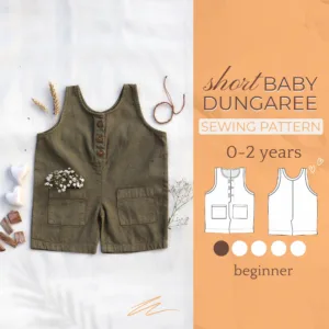 on the left side you see a Baby Romper made from a Sewing Pattern and on the right side is a text that says short baby dungaree sewing pattern 0 - 2 years beginner