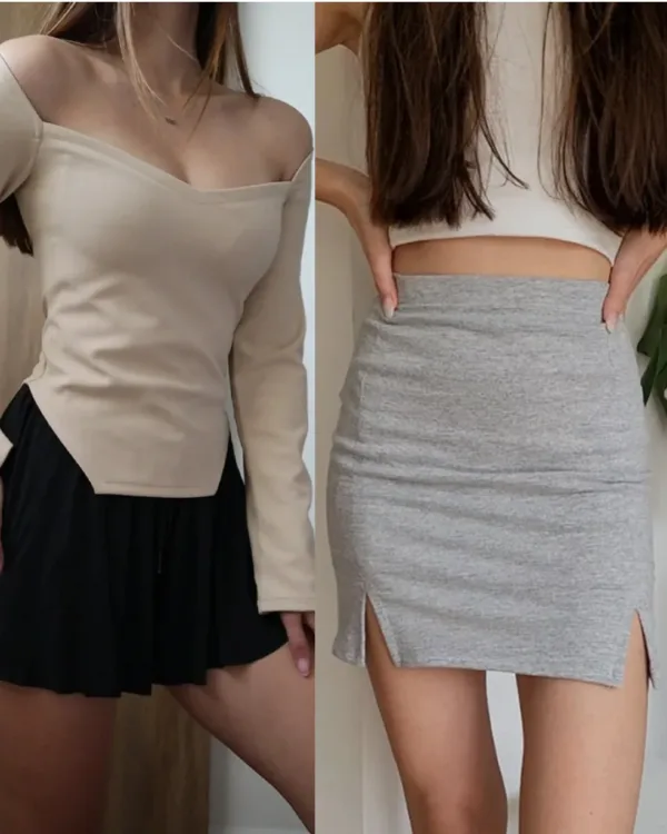 Off Shoulder Long Sleeve Shirt + Mini Skirt Sewing Pattern Bundle